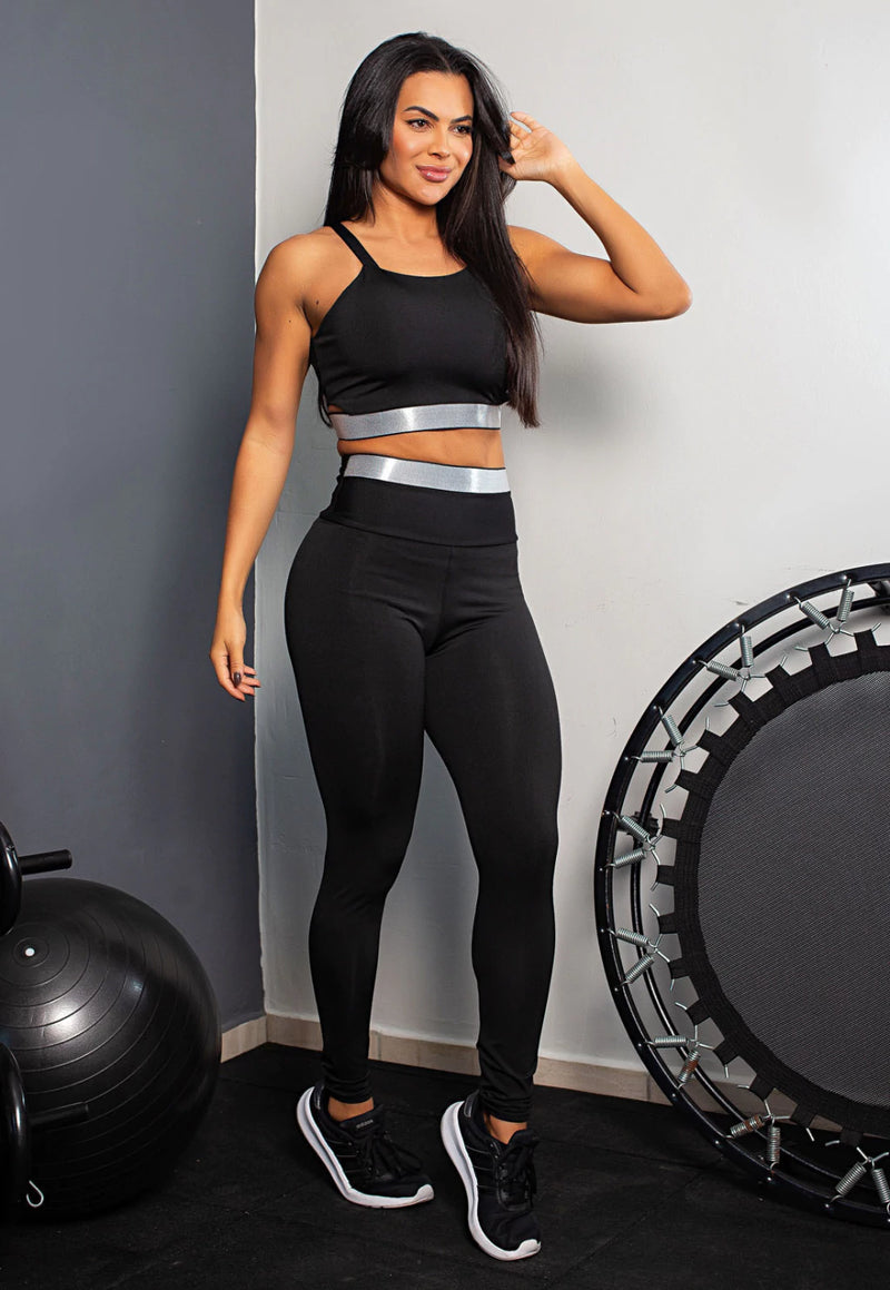 Conjunto Fitness Feminino Cropped Alcinha Preto Calça Legging Com Elástico Preto