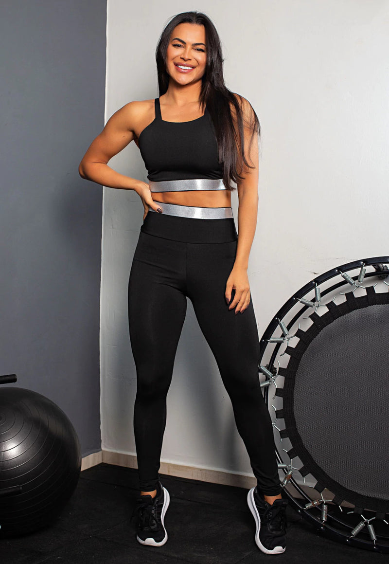 Conjunto Fitness Feminino Cropped Alcinha Preto Calça Legging Com Elástico Preto