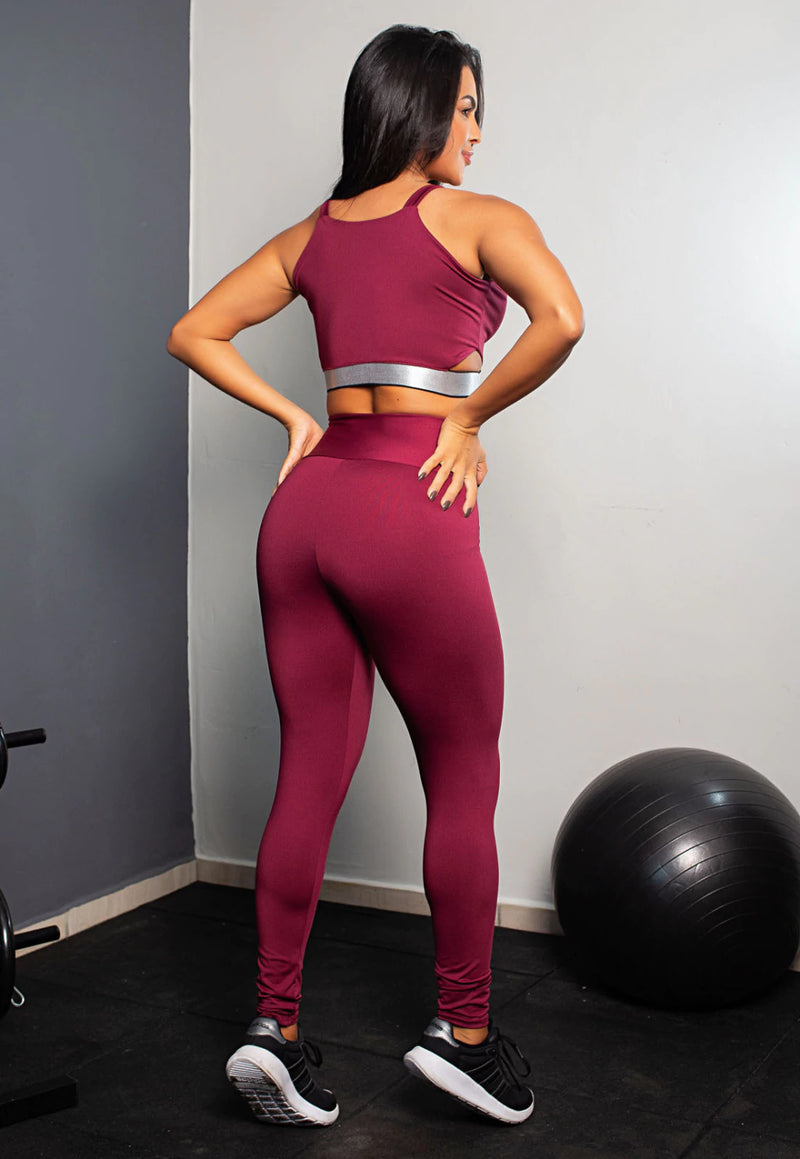 Conjunto Fitness Feminino Cropped Alcinha Marsala Elástico Preto + Calça Legging Cintura Alta Marsala Elástico Preto